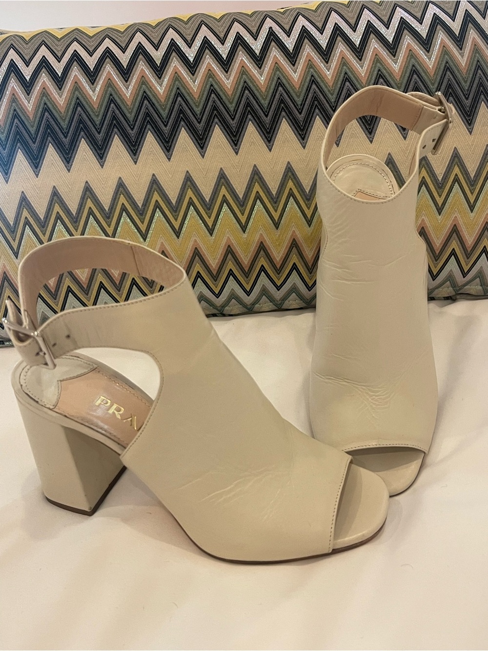 Prada Cream Open-Peep Block Heel Sandals